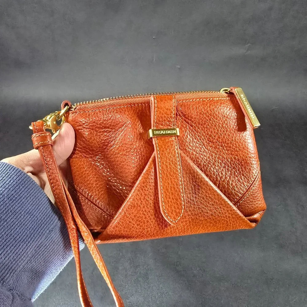 Brahmin Orange Leather Zippered Wristlet Purse Wallet